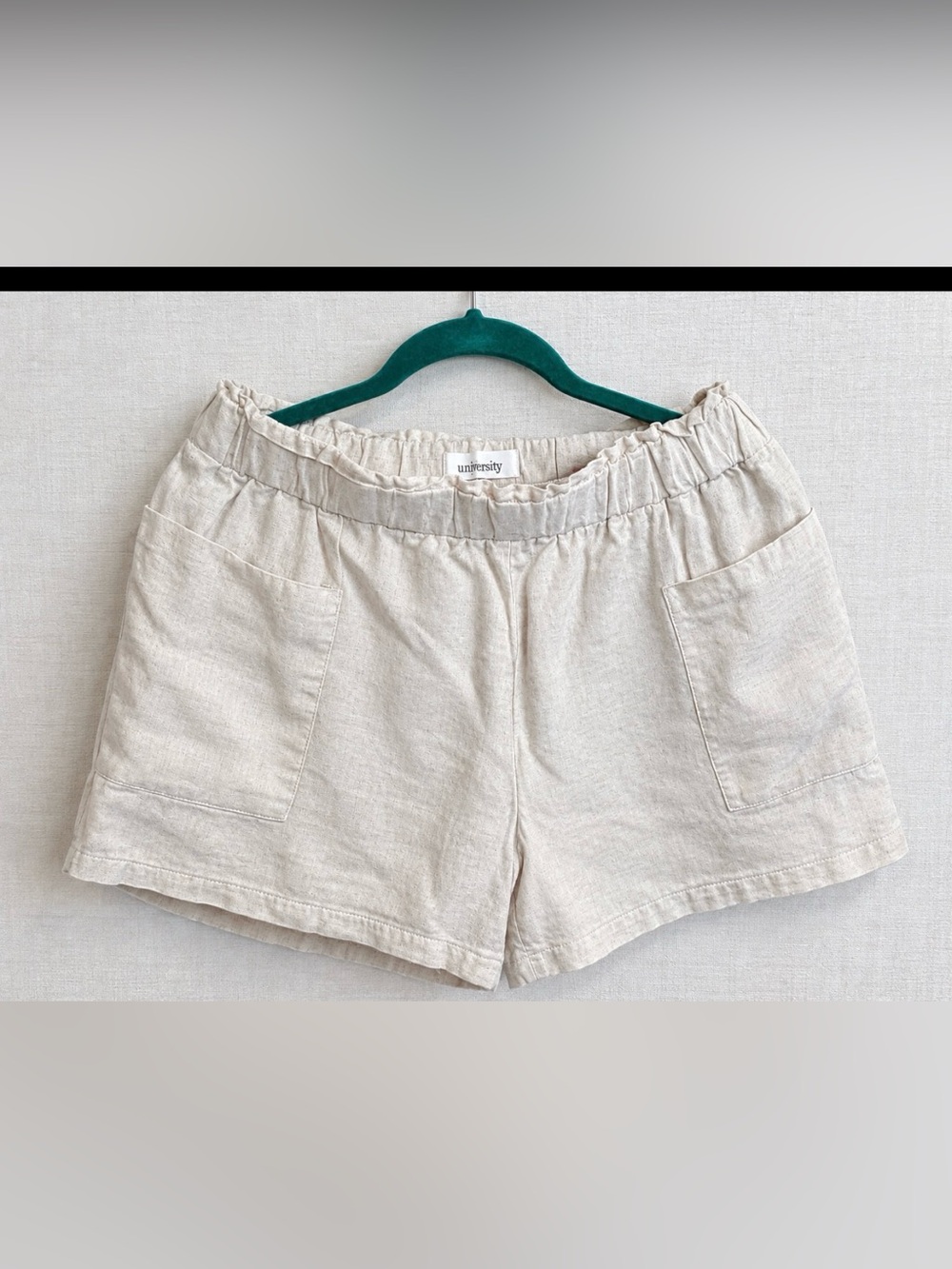 University Club Womens Large Linen Blend Paperbag Elastic Waist Shorts Oatmeal L